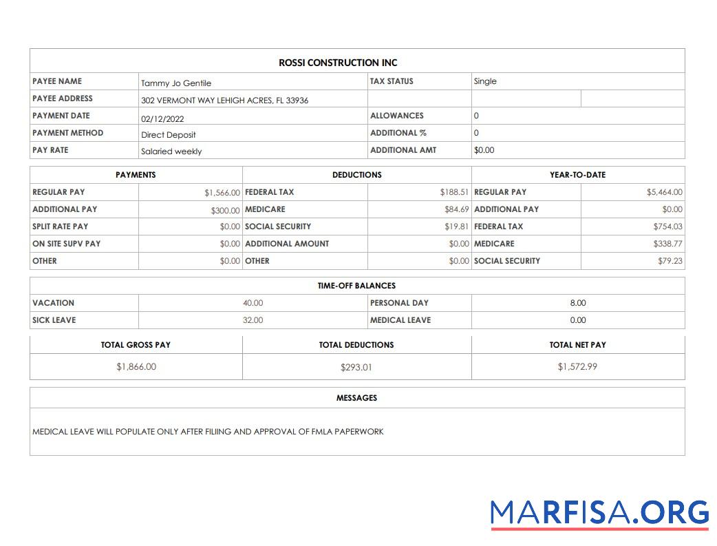Realistic Rossi Construction Inc pay stub in PDf ad Word formats example